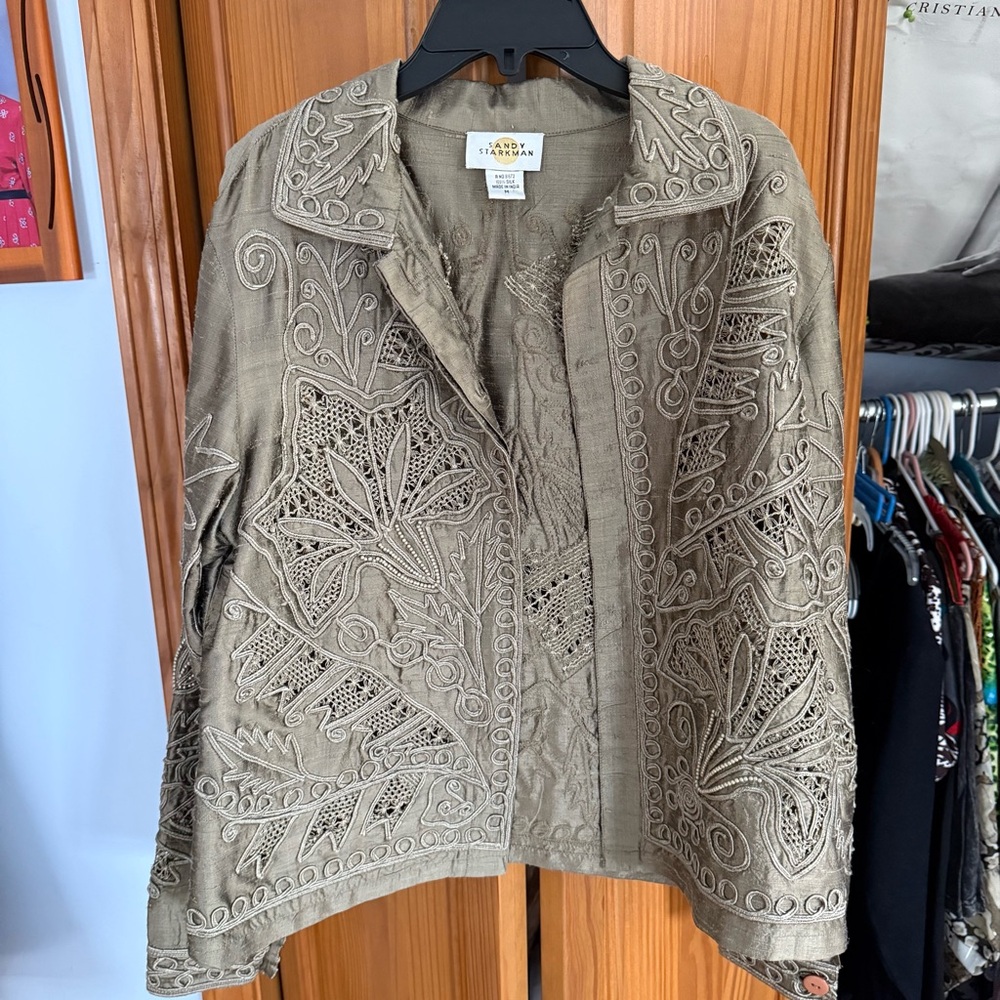 Sandy Starkman Embroidered Lace Jacket Womens Size Medium Gold 100% Silk